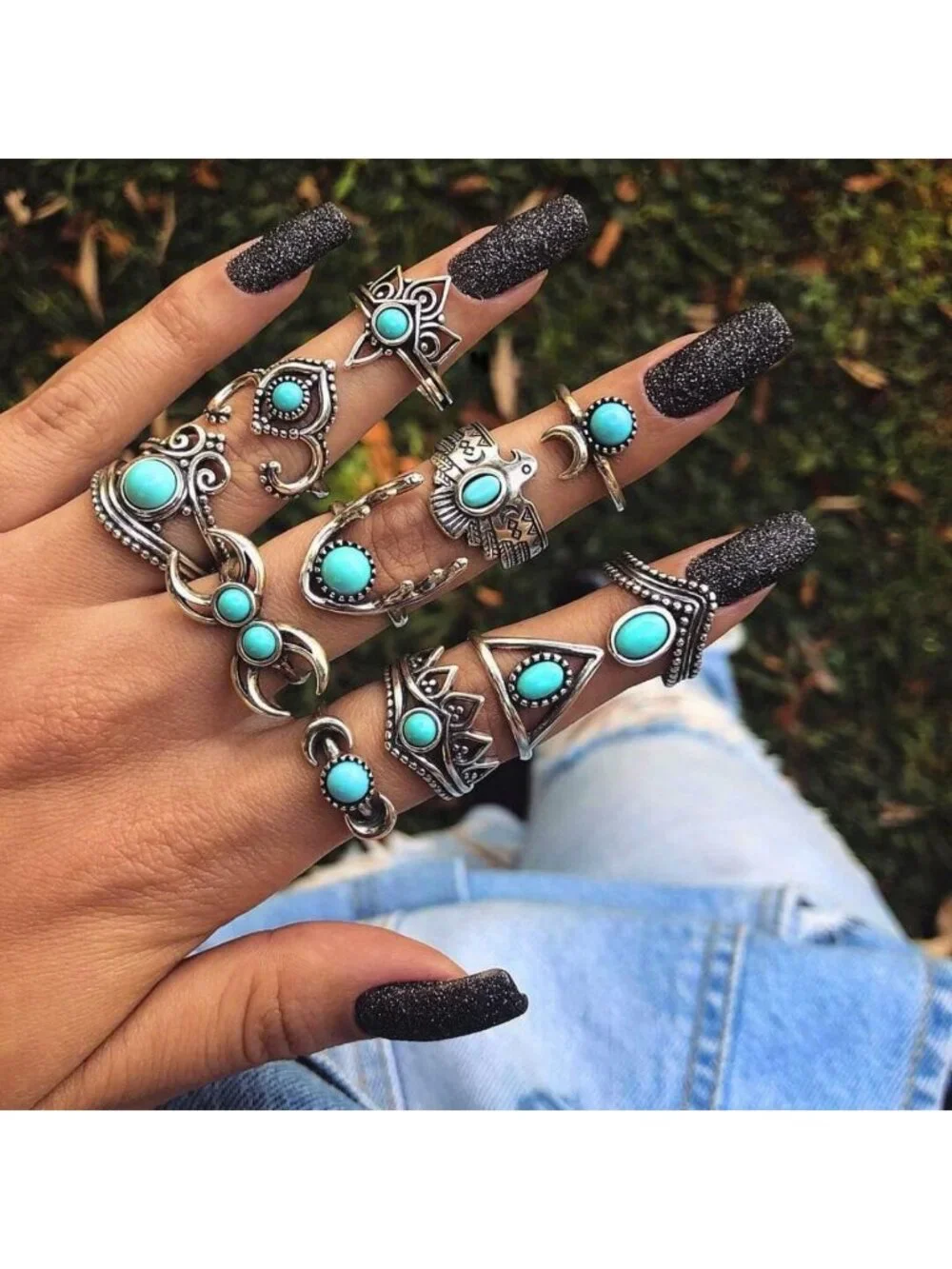 Vintage Silver Knuckle Rings Set - 36-40 Pcs Boho Turquoise Gemstone Jewelry